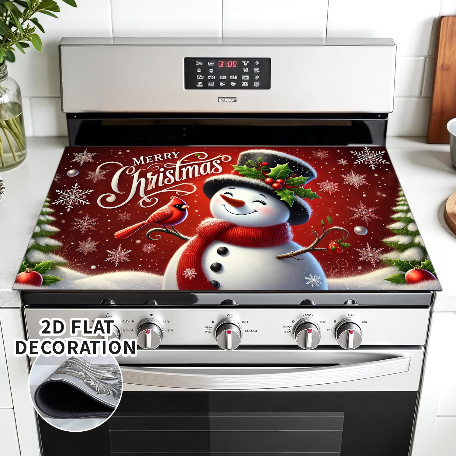 Christmas Snowmen Stove Cover Let It Snow Winter Stove Top Cover for Kitchen Decor Red Electric Stove Pad Xmas Party Non-Stick Gas Burners Covers Washable 28x20 inch, 1Pc