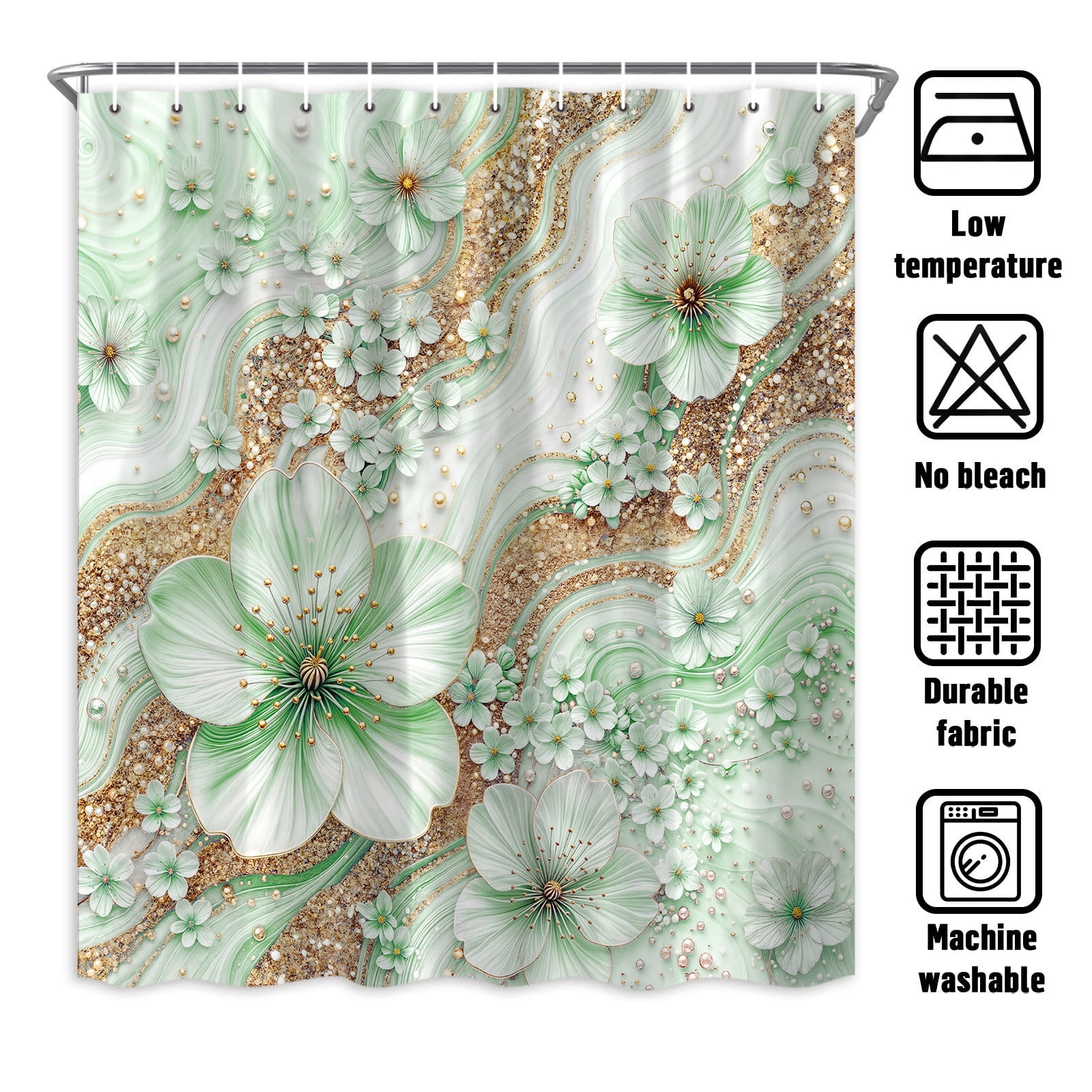 Green Luxury Light Floral Shower Curtain, Elegant Boho Bathroom Decor, Cherry Blossom with Gold Glitter Marble Texture, Waterproof Washable Fabric Shower Curtain Set with Hooks,70X85in