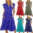 thumbnail image 1 of Liquidation d'Économies d'Été! Robe Unie Décontractée d'Été pour Femme à Col en V, Manches Courtes Volantées, Robe Fluide et Légère pour l'Été, la Plage Ou le Quotidien Liquidation Ventes Aujourd'hui Aubaines Prime, 1 of 6