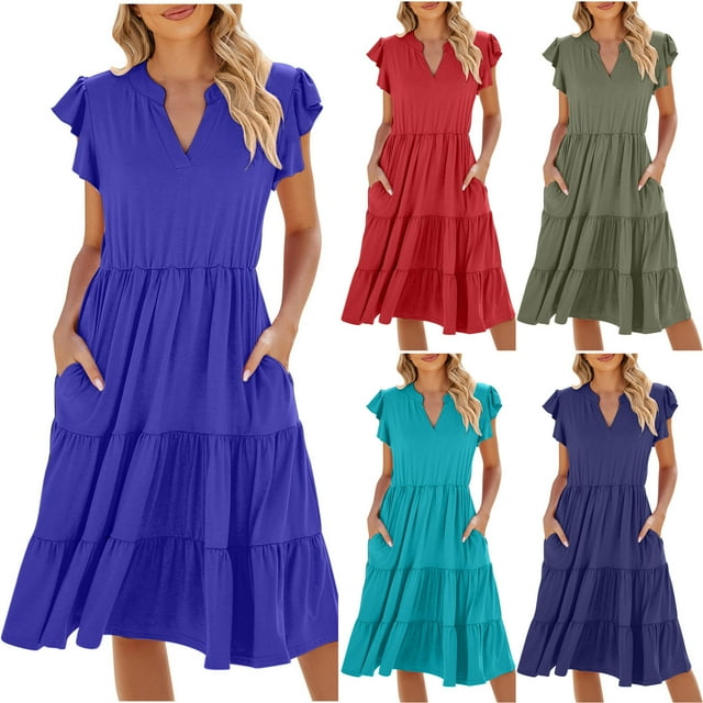 Gspmoly Robes Décontractées pour Femmes, Mode Femmes Été Décontracté Col en V à Volants Manches Courtes Robe Unie Robes de Travail pour Femmes Offres Hebdomadaires