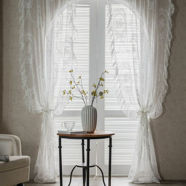 Cortina de gasa de encaje transparente retro con volantes para balcón, ventana salediza, partición de arena blanca, cortina pastoral ondulada