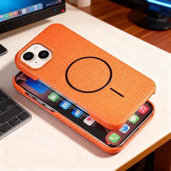 Carbon Fiber Texture Magnetic Case for iPhone 13 Mini, Compatible with Mag-Safe, Raised Camera and Screen Protection, Slim Lightweight Rugged Shockproof Phone Cover for iPhone 13 Mini, Orange