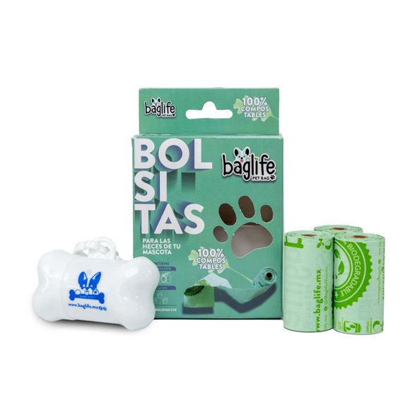 45 Bolsas para heces de mascota, con dispensador,100% Compostables , Baglife