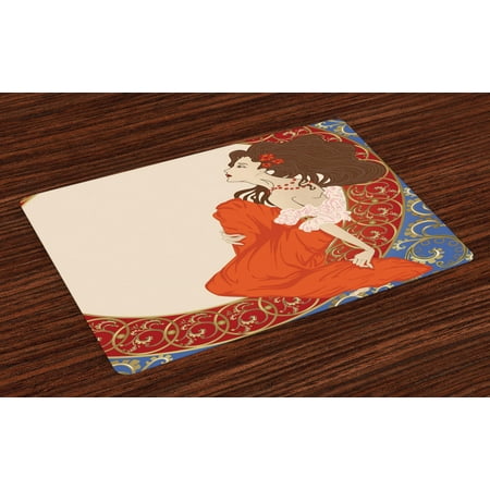 

Art Nouveau Placemats Set of 4 Antique Woman in an Old Fashioned Medieval Dress Floral Rich Framework Print Washable Fabric Place Mats for Dining Room Kitchen Table Decor Multicolor by Ambesonne