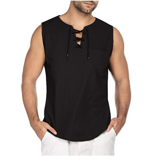Gureui Men's Long Vest,Casual Solid Color Sleeveless Tie-up V-neck Bandage Design Loose Fit Sweatshirt for Camping/ Running/ Fitness