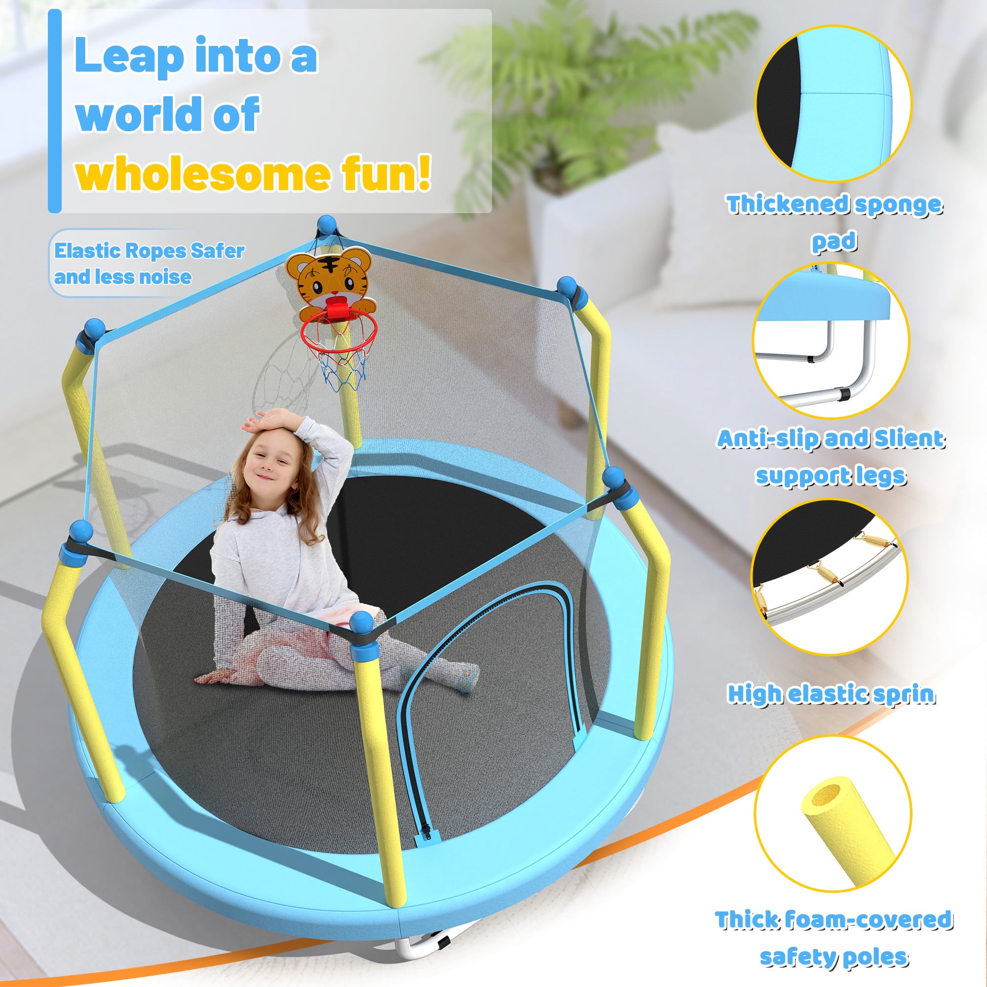 55" Trampoline with Enclosure for Kids, SEGMART Indoor Outdoor Toddler Trampoline with Basketball, Indoor Outdoor Kids Trampoline with Basketball Hoop, Small Round Trampoline for Boys Girls