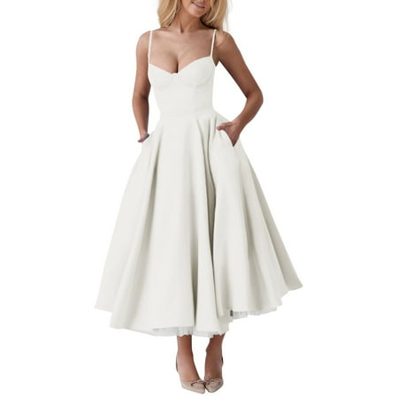 LISTHA Plus Size Formal Dresses for Women Spring Corset Vintage Dress Spaghetti Strap Casual Midi Dresses Prom Cocktail Dress with Pockets Beige 2XL