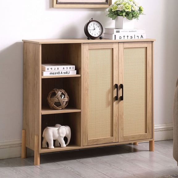 Mid-Century Modern Storage Cabinet With Woven Rattan Doors Natural Finish Adjustable Shelves