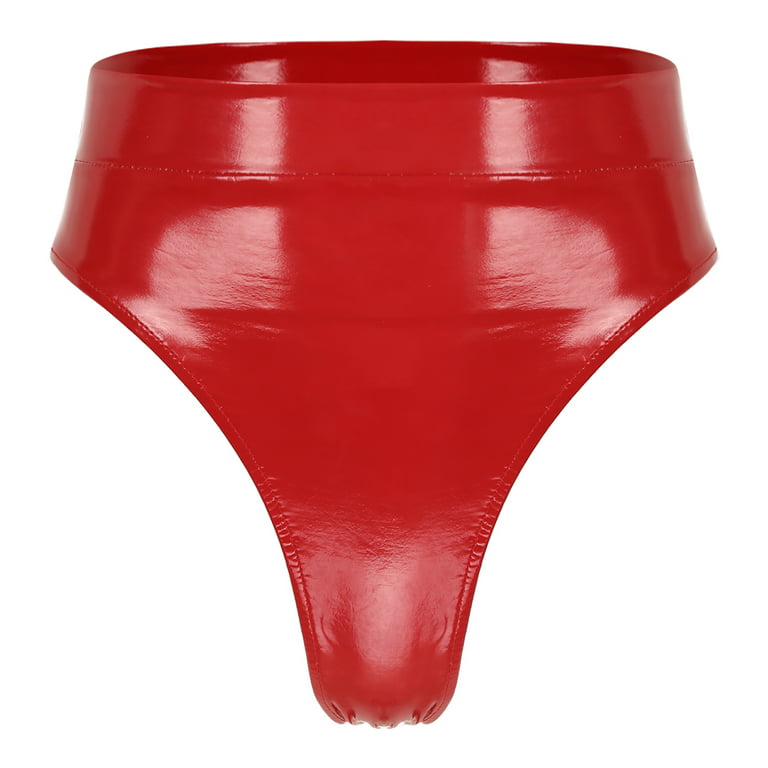 YIZYIF Womens Shiny Latex Zipper Crotch Hot Pants Wet Look High Cut Booty  Shorts High Waisted Buckle Belted Panties Red L