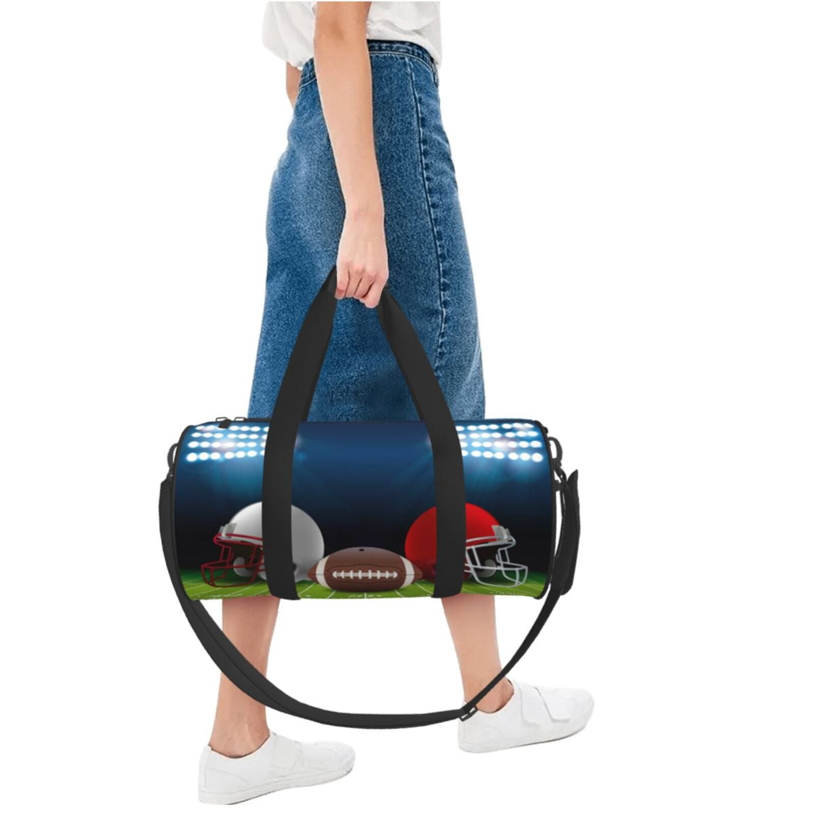 American Football Helmet Small Round Sport Duffel Bag,Soccer Field Shoulder Airport Travel Bag, Men Women Weekender Overnight Sleepover Carry-On Personalized Tote Pouch-17''