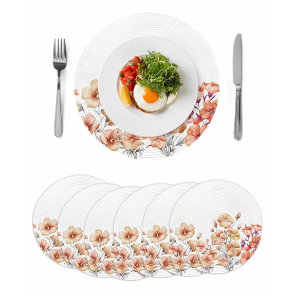 Orange Spring Floral Round 13 Inch Placemats Set of 6, Summer Botanical Watercolor Flower HeatResistant Non Slip Place Mats for Dining Table, Wipeable Braided Kitchen Table Mats for Housewarming