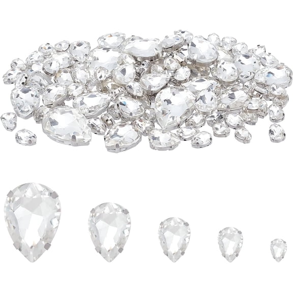 5 Style Sew on Rhinestone Glass Rhinestone with Platinum Stainless Steel Prong Settings Garments Accessories Teardrop Crystal 130pcs/box