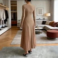 thumbnail image 5 of TIHLMK Women's Long Sleeve Crew Neck Bodycon Dresseses Shirred Waist with Pleated Maxi Skirt, 5 of 7