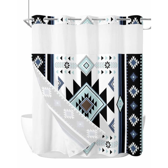 No Hook Cloth Fabric Shower Curtain with Snap in Liner, Navy Blue Boho Waterproof Shower Curtains Set with See Through Top Window, Vintage Southwestern Ethnic Tribal Geometric Bath Curtains 72"x78"