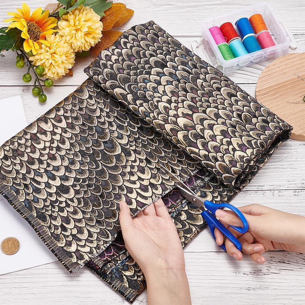1m Jacquard Polyester Fabric 1Yard Fish Scales Gild Fabric for Upholstery 58.2 Inch Width Vintage Lace Embroidered Fabric for DIY Bag Decorative Home Accents Pillow Dress Sewing Accessories Gold