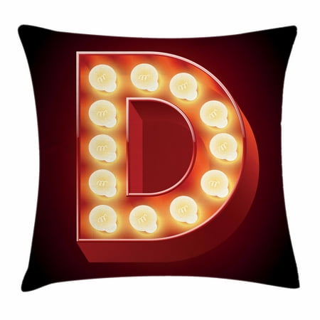 Letter D Throw Pillow Cushion Cover, Stylized D with Electricity Theme Old Fashioned Cinema Theater Show, Decorative Square Accent Pillow Case, 18 X 18 Inches, Vermilion Yellow Black, by