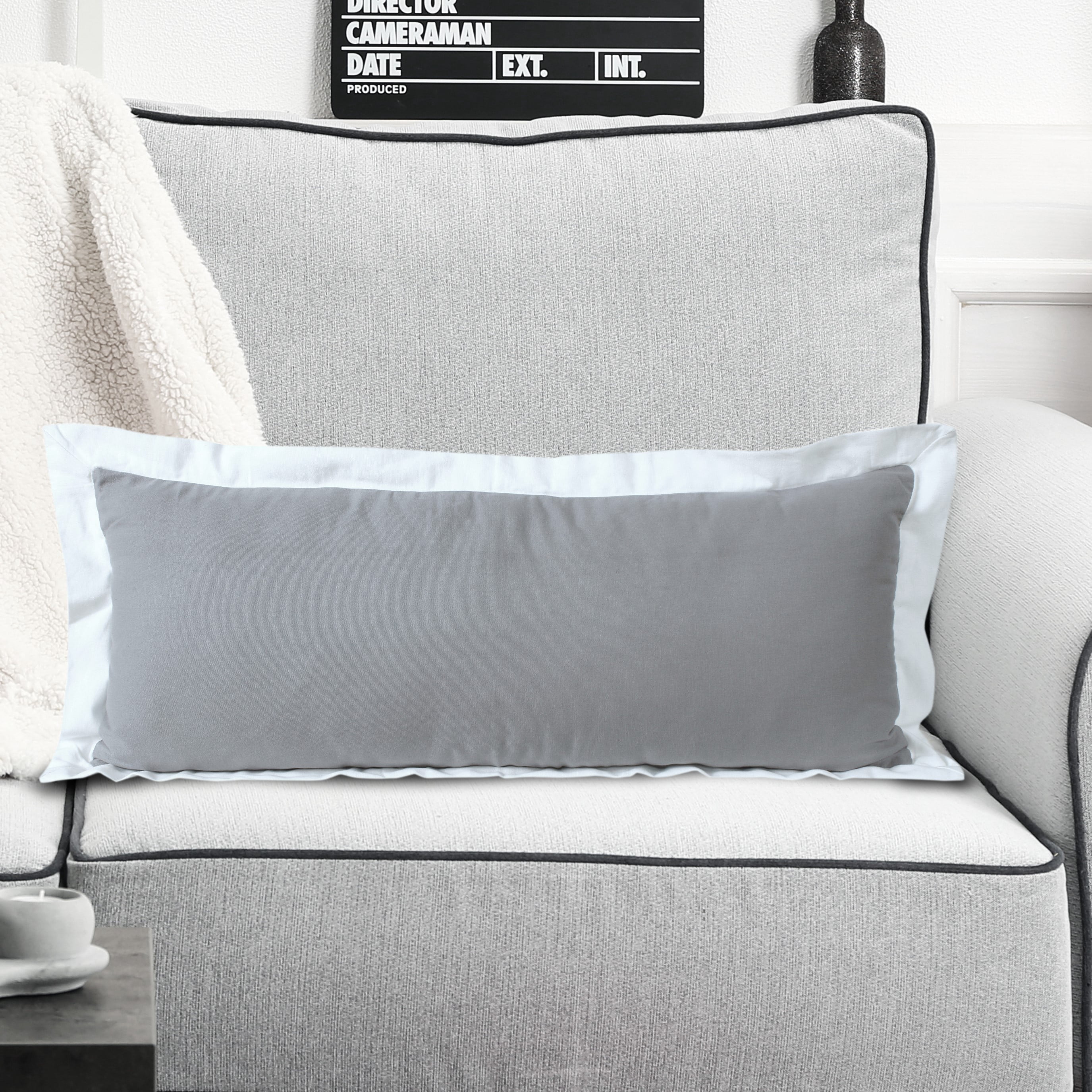 Ox Bay 14" x 36" Modern, Traditional, French, Country Gray, White, Multi-color Border, Colorblock, Flange Cotton Decorative Lumbar Pillow , Zipper, Back Support