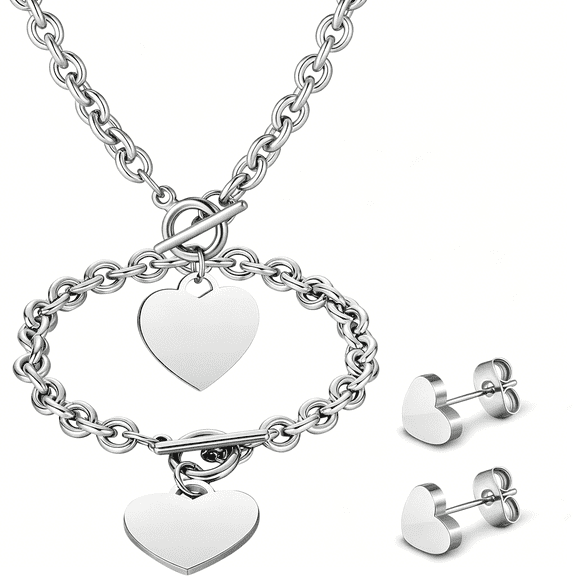 DESIGNICE 3 Pcs Heart Jewelry Set Bow Jewelry Heart Chain Toggle Necklace with Bracelet Earring Stainless Steel for Women Gift