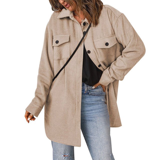 Abrigo Color Sólido Solapa De Un Solo Pecho Manga Larga Casual Suelta Cómoda Camisa Chaqueta Albaricoque XL