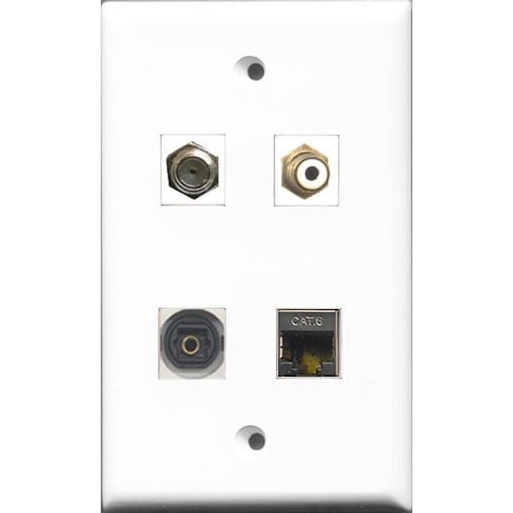 RiteAV 1 Port RCA White and 1 Port Coax Cable TV- F-Type and 1 Port Shielded Cat6 Ethernet and 1 Port Toslink Wall Plate
