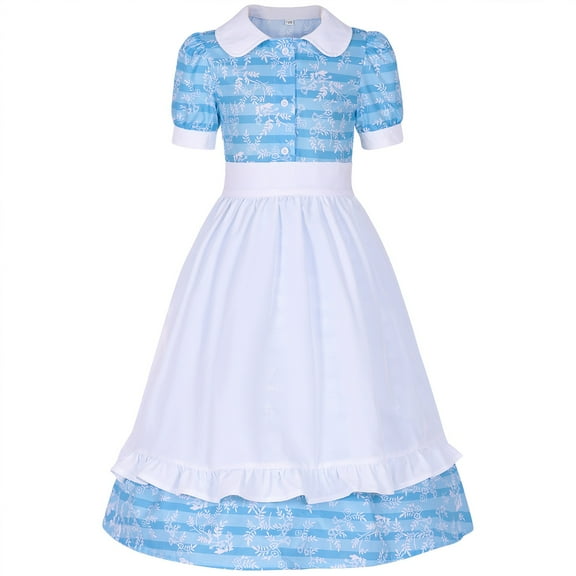 Chenglor Girl's Garden Style Dress Easter Dresses With Apron Hat Suit Long Skirt #Blue 6-7 Years