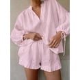 thumbnail image 2 of Women'S Shorts Set, Two-Piece, Long-Sleeved Tie-Dress Top and Ruffled Boxer Shorts, Matching Casual Set Pink S, 2 of 7