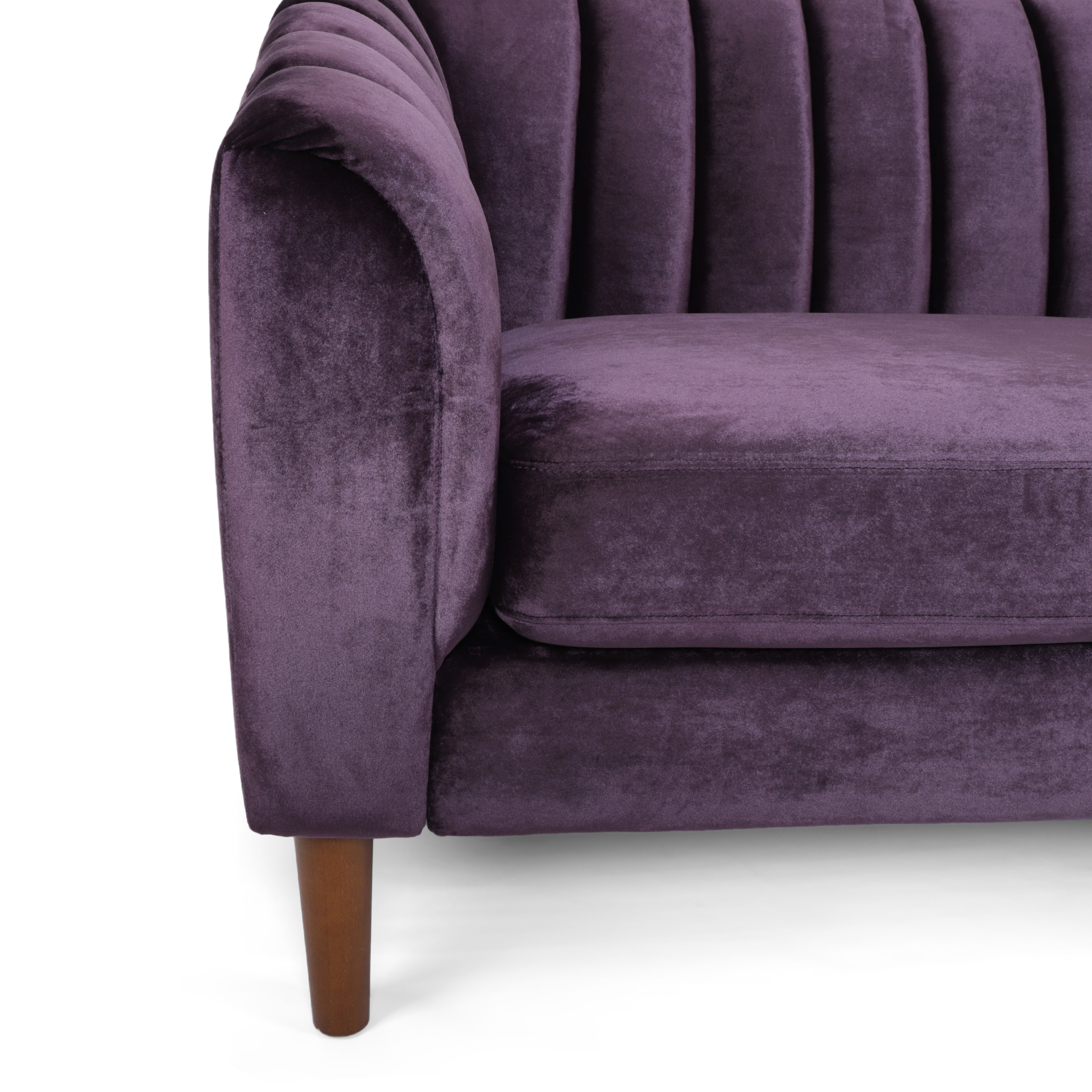 Noble House Currie Tufted Velvet Sofa, Blackberry, Dark Walnut