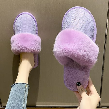 

Fashion Women Rhinestones Slip On Furry Plush Flat Home Winter Round Toe Keep Warm Solid Color Slippers Shoes