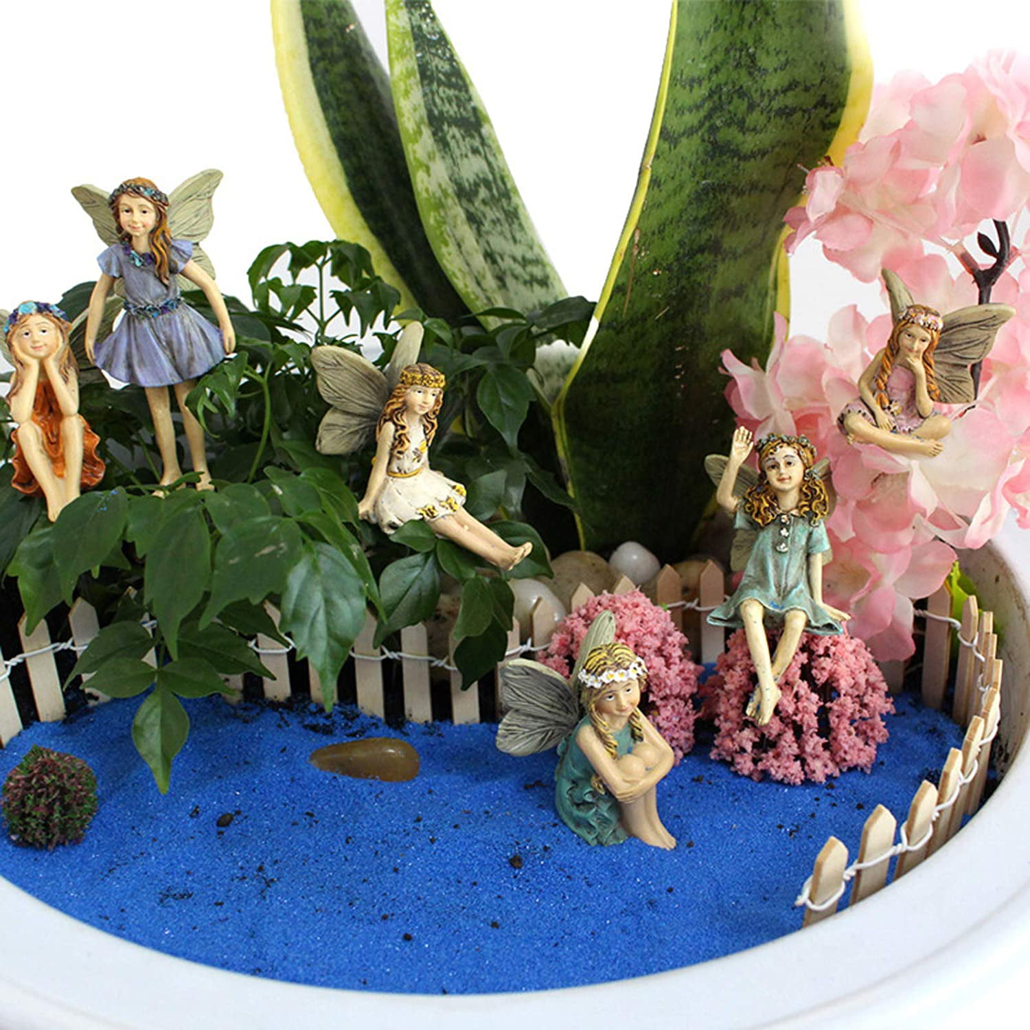 World Menagerie 9 Piece Christabelle Enchanted Fairy Garden Miniatures  Starter Kit Broken Flower Planter Pot House with Eight Mini Fairies Figurine  Set