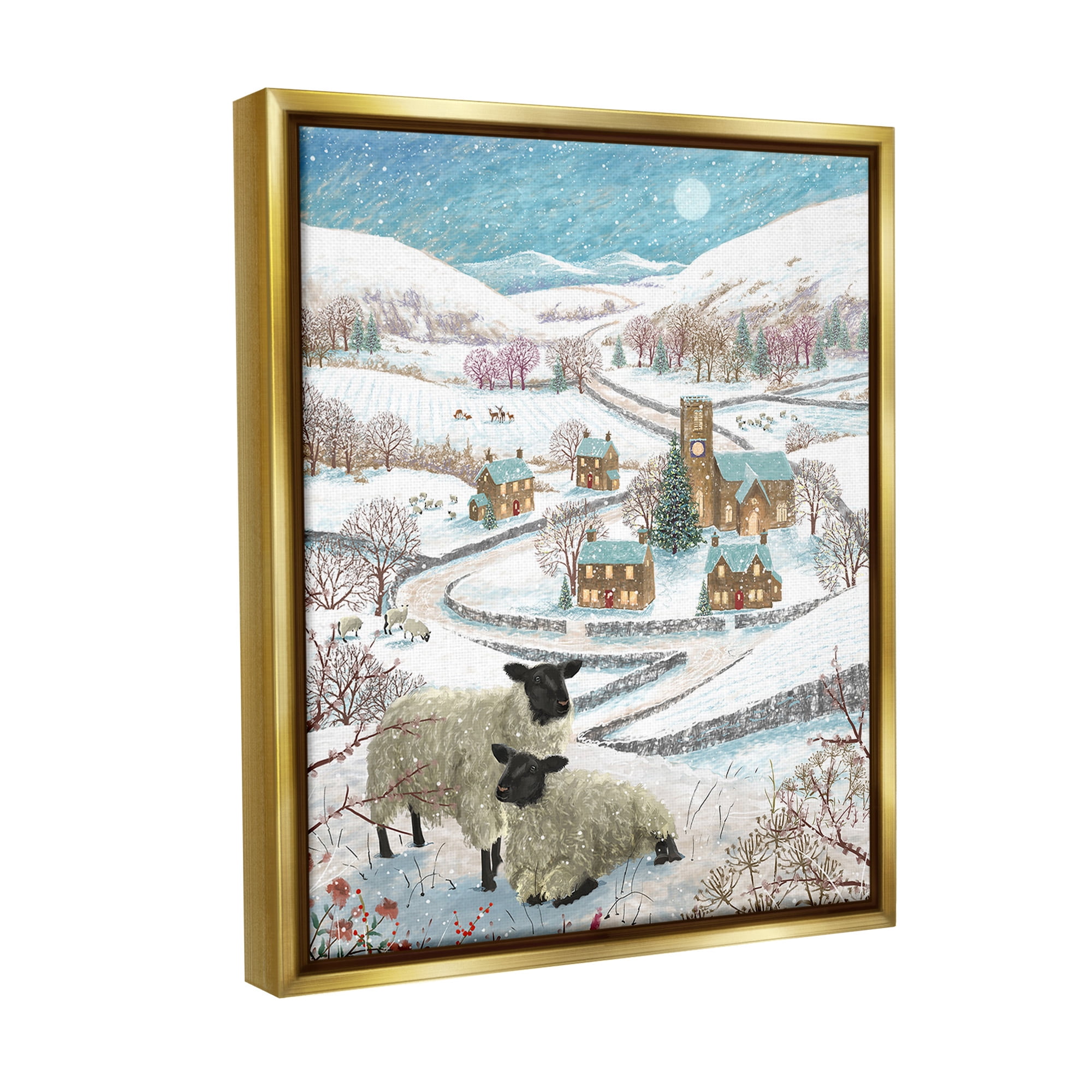 Stupell Industries Sheep on Wintery Hill Animals & Insects Painting Gold Floater Framed Canvas Art Print Wall Art, 25 x 31