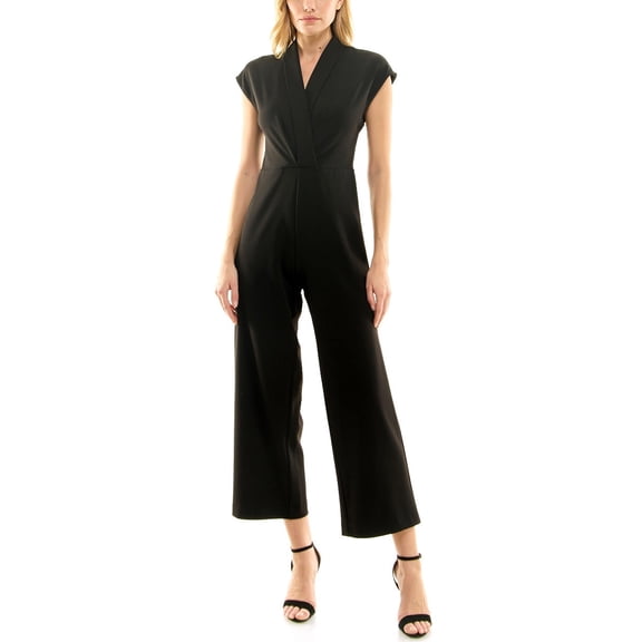 Nicole Miller V-Neck Sleeveless Gathered Front Solid Scuba Jumpsuit-VERY BLACK / 4