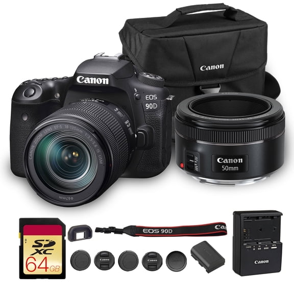 Canon EOS 90D DSLR Camera with 18-135mm Lens | 32.5MP APS-C Sensor, Dual Pixel AF & 4K Video | For Wildlife, Sports & Travel Photography (3616C016)   Canon EF 50mm f/1.8 STM Lens   Bag   64GB Card