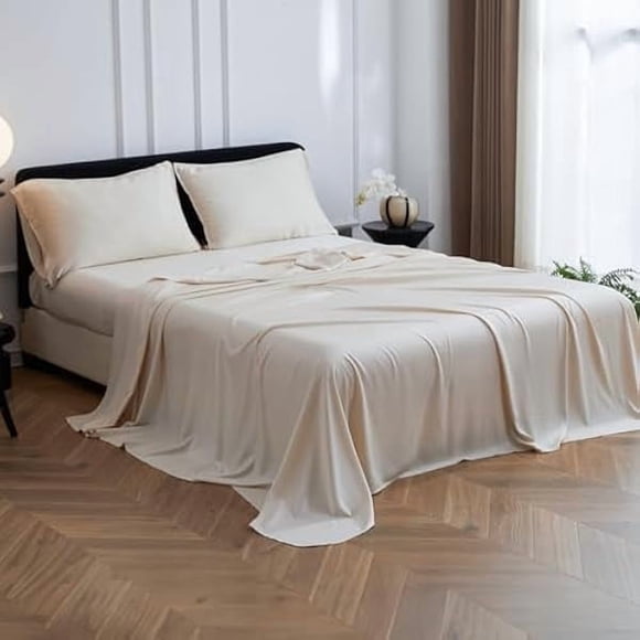 LujingZ 4 Piece Double Size Bed Sheet Set -100% Bamboo Viscose - 1 Fitted Sheet with 35cm Deep Pocket,1 Flat Sheet,and 2 Pillowcases - Soft,Cooling,Perfect for Hot Sleepers,Beige