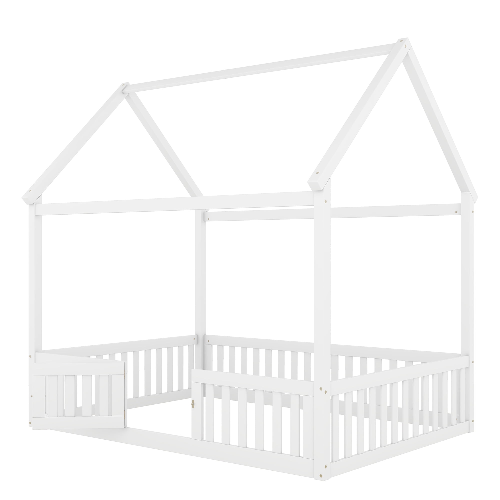 Harper & Bright Designs Full Size Floor House Bed, Wood Montessori Bed with Fence & Door, Full House Bed with Roof for Girls & Boys, White