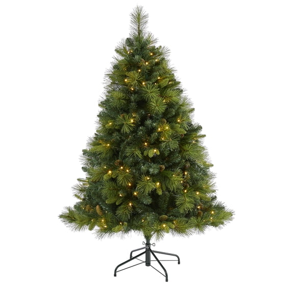 Nearly Natural 5ft. North Carolina Mixed Pine Artificial Christmas Tree with 200 Warm White LED Lights, 711 Bendable Branches and Pinecones