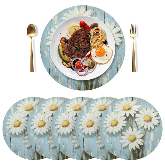 Qxltty 15inch Round Placemats Set of 6 Polyester Fabric Heat Resistant Washable Table Mat for Kitchen Party Decor Elegant Daisy