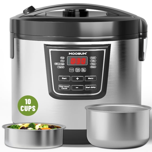 MOOSUM 10 CUP Uncooked Rice Cooker with 8 Functions, Healthy Cooking Stainless Steel Inner Pot, Removable Inner Coverwith Steamer, Silver