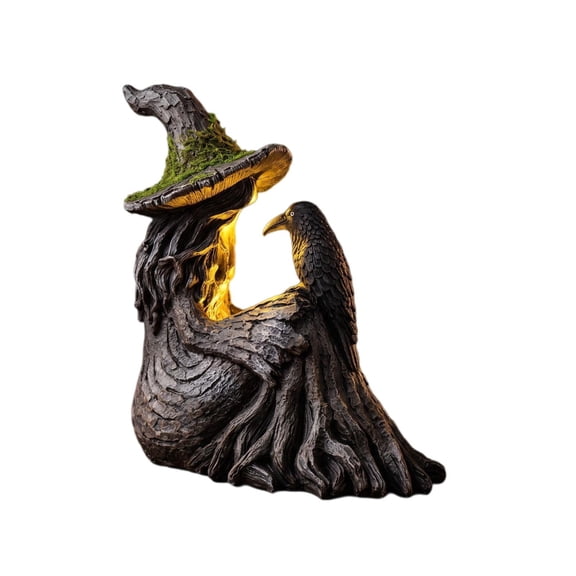 2026 New Halloween Mossy Tree Witch With Crow Light Up 7" Resin Figurine Rave Mantel Shelf Party Decorations