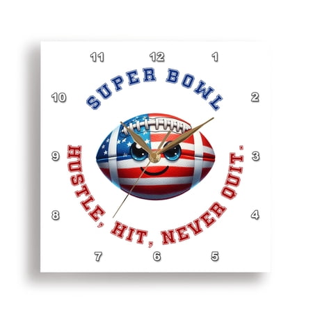 3dRose, Super bowl. Hustle, hit, never quit inspirational cool football gift, 15x15 Wall Clock