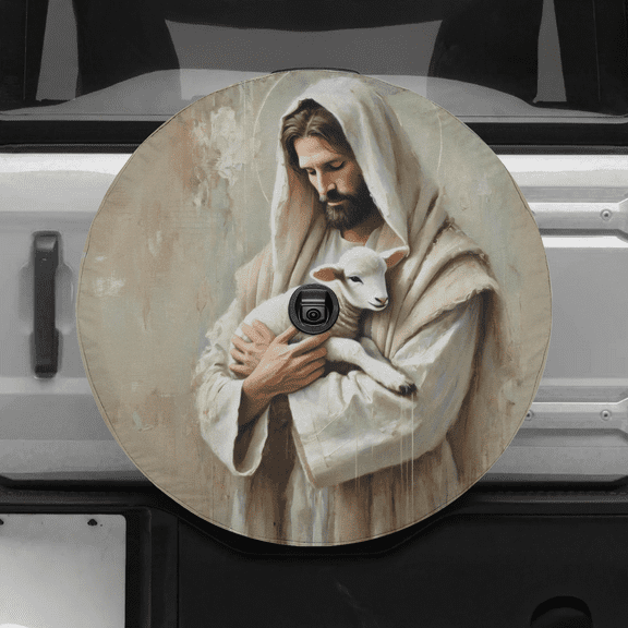Lotusprinthandmade Christian Jesus With Lamb Spare Tire Cover With Backup Camera Hole 6 Sizes (27 in.) – Durable Car Tire Protector