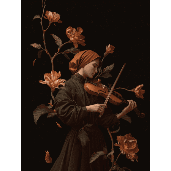 Woman Playing Violin Floral Canvas Print Wall Art for Living Room Office Library Music Room