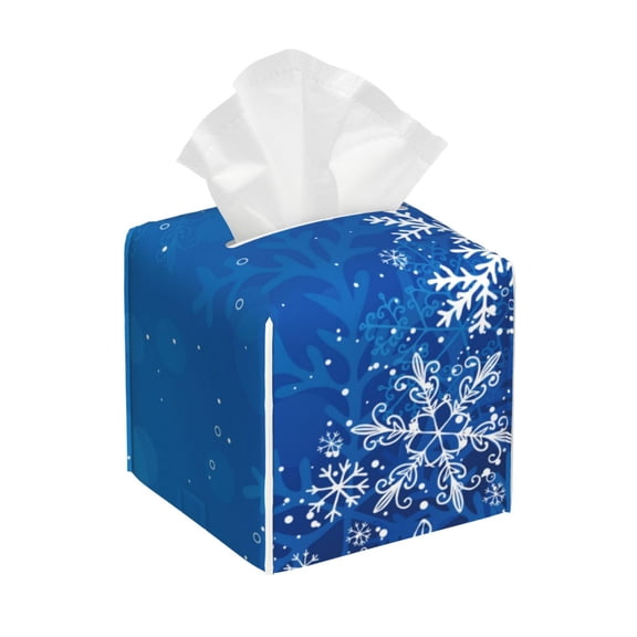 Logiee Tissue Box Cover 5X5X5'' PU Leather Tissue Holder Square Tissue Cube Box Organizer for Bathroom Vanity Countertop,Car,Night Stands,Office,Home,Kitchen (Blue Christmas With Snowflakes)