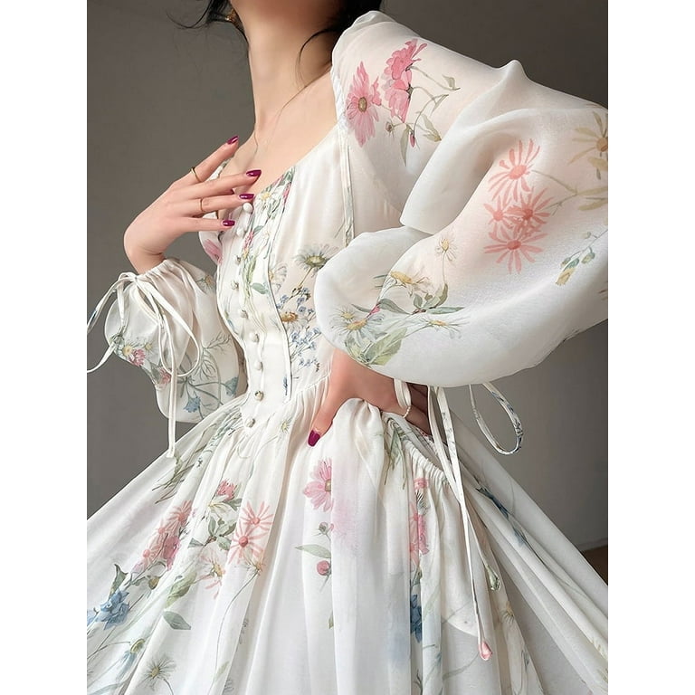 Biguy French Elegant Floral Midi Dress Chiffon Long Sleeve Evening Party Dress Woman Beach Fairy One Piece Dress Women s Size Medium