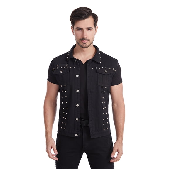 Men’s Denim Studded Vest Button-Front Sleeveless Jacket Punk-Inspired Style Casual Lapel Jean Vests with Rivets