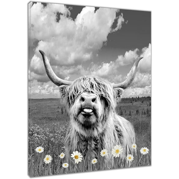 Highland Cow Wall Art, Funny Western Wildlife Cow Pictures Wall Decor with Daisy Farmhouse Theme Canvas Wall Artwork Framed for Living Room Bedroom Bathroom Home Decor Ready to Hang 12x16 Inches