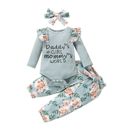 

Utoimkio Spring Jumpsuits for Baby Girl Toddler Baby Girls Ribbing Romper Printed Long Sleeve + Flower Printed Trousers Pants Kids Suit
