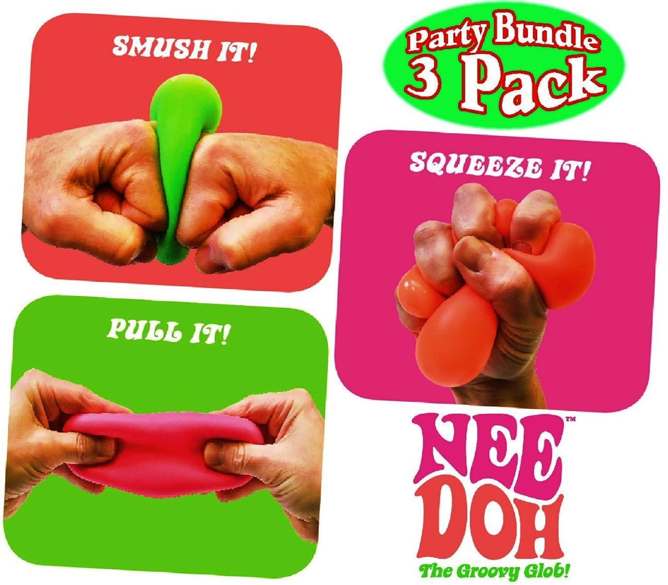 Schylling NeeDoh The Groovy Glob 3 Pack Squishy Squeezy Stretchy Stress Balls Green Orange /& Pink Complete Gift Set Party Bundle