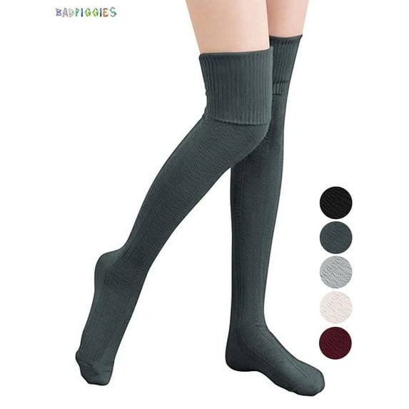 BadPiggies Women's Knit Thigh High Cotton Socks Over the Knee High Boot Stockings Leg Warmers (Dark Gray)
