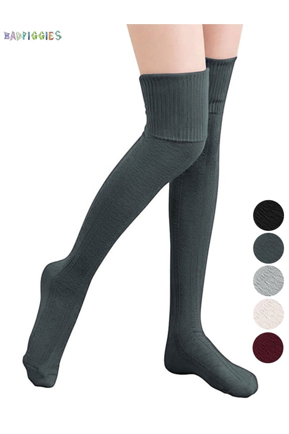 BadPiggies Women's Knit Thigh High Cotton Socks Over the Knee High Boot Stockings Leg Warmers (Dark Gray)