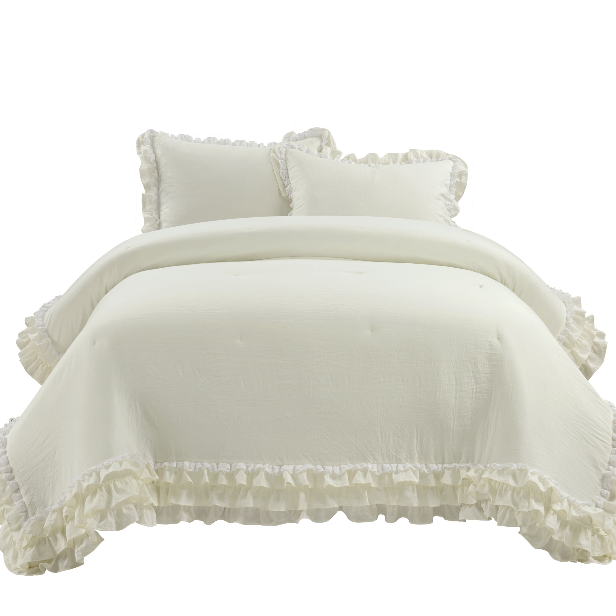 Ella Parisian Vintage Chic Ruffle Lace Comforter Ivory 3Pc Set Full